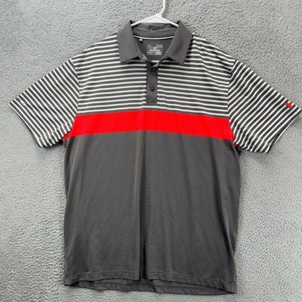 Under Armour HeatGear Polo Shirt Men XL Grey Striped Loose Golf Rugby Activewear